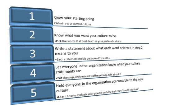 The steps to developing culture in an organization